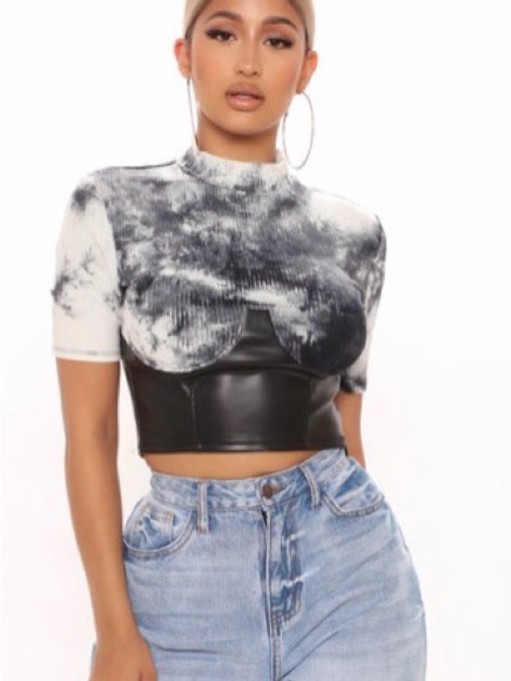 Black & White Tie-Dye Short Sleeve Mock Neck Crop Top with Faux Leather Bust